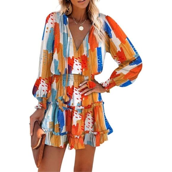 NEW V Neck Ruffle Chiffon Elegant Mini Dress S - Picture 1 of 6